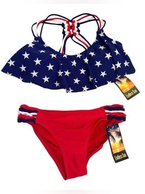 Star Print Ruffle Bikini Set in Navy & Red. 
Size XS